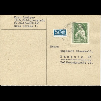 BRD 1952, EF 10+5 Pf. auf Postkarte v. Schöppenstedt. (Kat. 45.-)