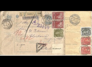 Österreich 1914, 6 Marken auf 10 H. Paketkarte v. Rumburg n. Norwegen.