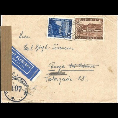 Österreich 1947, 20 G.+1 S. auf Luftpost Zensur Brief v. Wien n. Dänemark.