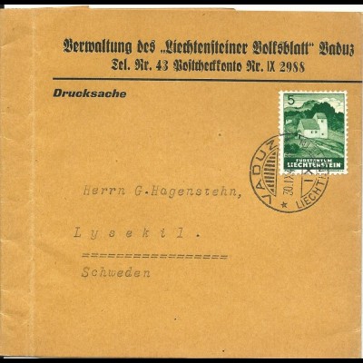 Liechtenstein 1943, Zeitungsschleife m. 5 Rp. v., Vaduz nach Schweden. #S724