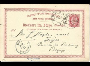 Norwegen P31 II, 10 öre Ganzsache 1896 v. Röraas n. Belgien