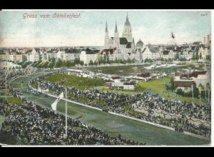 Gruss vom Oktoberfest, 1908 gebr. München Farb AK m. Pferderennbahn