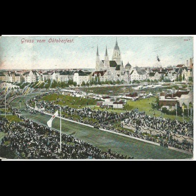 Gruss vom Oktoberfest, 1908 gebr. München Farb AK m. Pferderennbahn