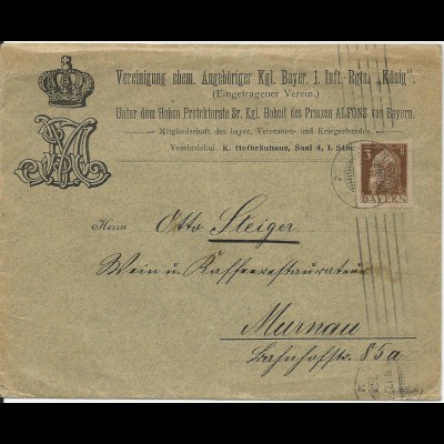 Bayern 1912, Umschlag m. königlichen Wappenabbildungen v. München n. Murnau 