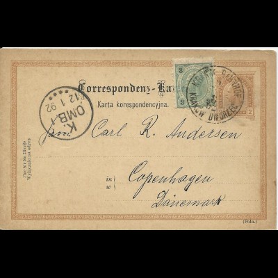 Österreich 1892, 3 Kr. Zus.fr. auf 2 Kr. Ganzsache v. Krakau Bahnhof n. Dänemark