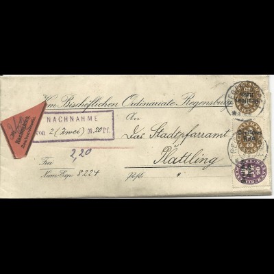 1920, 20+40+40 Pf. Bayern Dienst Abschied DR auf Nachnahme Brief v. Regensburg