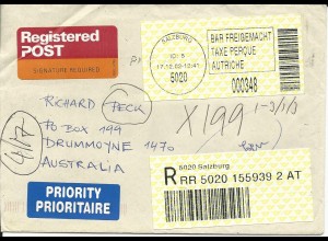 Österreich 2002, Salzburg Taxe Percue Etikett auf Luftpost Einschreiben Brief