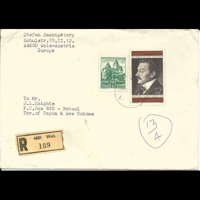 Österreich 1975, 10+2 S. auf Einschreiben Brief v. Wels n. Papua Neu Guinea!
