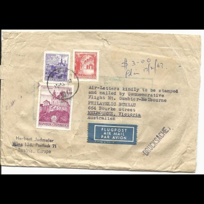 Österreich 1967, 3 Marken auf Luftpost Drucksachen Schleife n. Australien! 