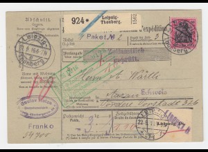 DR 1916, EF 80 Pf. Germania auf Paketkarte v. Leipzig Thonberg i.d. Schweiz