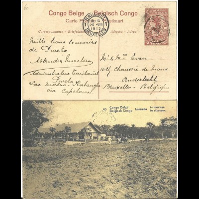 Belgisch Congo 1913, gebr. 10 C. Bild Ganzsache m. Bauer beim Pflügen, Ackerbau