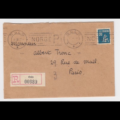 Norwegen 1928, OSLO NORGE R Einschreiben Maschinen Stpl. auf Brief m. 60 öre