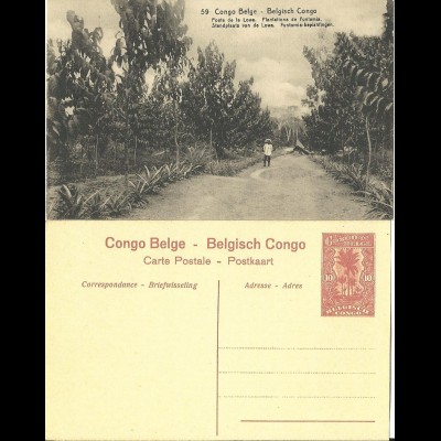 Belgisch Congo, ungebr. 10 C. Bild Ganzsache m. Abb. Kautschuk Plantage, Ochsen.
