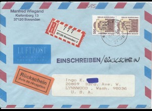 BRD 1996, Luftpost Einschreiben Rückschein Brief n. USA. Portostufe, MeF! #1664