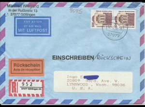 BRD 1996, Luftpost Einschreiben Rückschein Brief n. USA. Portostufe, MeF! #2602