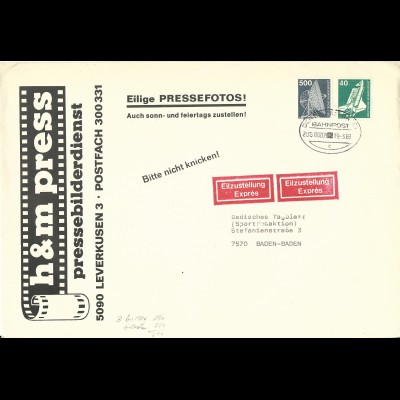 BRD 1983, 5 Mk.+40 Pf. auf Eilboten Brief m. Bahnpost v. Leverkusen