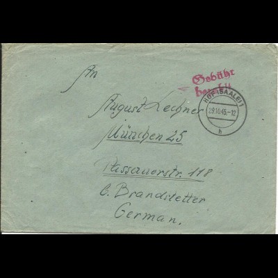 1945, Gebühr bezahlt Hof (Saale) auf Brief v. Schollenreuth Post Feilitzsch