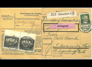 DR 1943, 5 Pf.vorder- u. Paar 1 Mk.rücks. auf Dringend Paketkarte v. Düsseldorf
