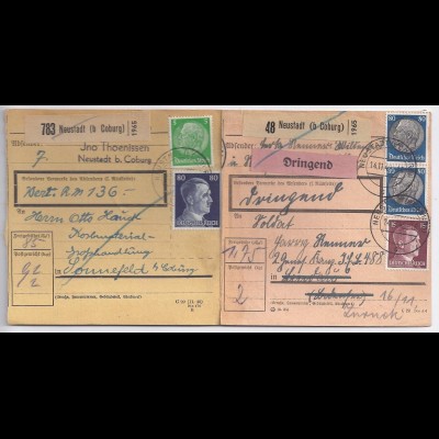 DR 1942, Neustadt b. Coburg, 2 Paketkarten, dabei "Dringend". #1334