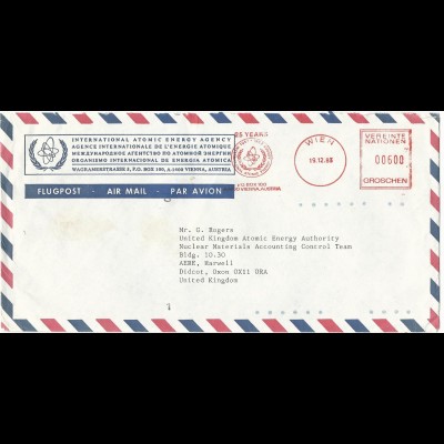 Österreich 1983, Freistpl. Atomic Energy Agency auf entspr. Vordruck Brief n. GB