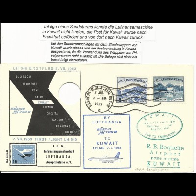 "Kuwait overflown due to Sandstorm" on 1963 flight cover from Pakistan. 