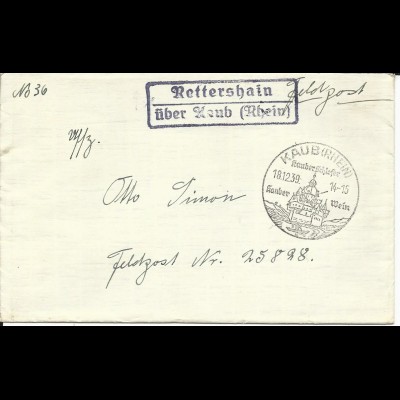 DR 1939, Landpost Stpl. Rettershain über Kaub (Rhein) auf Brief an FP Nr. 25828