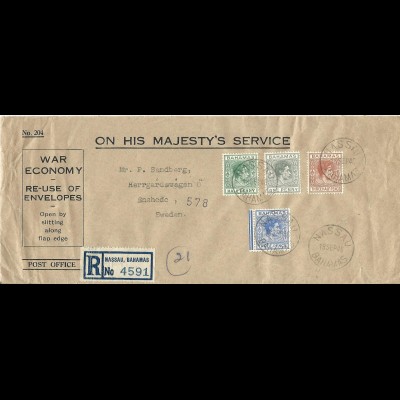 Bahamas 1940, offiz. War Economy Envelope, Einschreiben m. 4 Marken n. Schweden