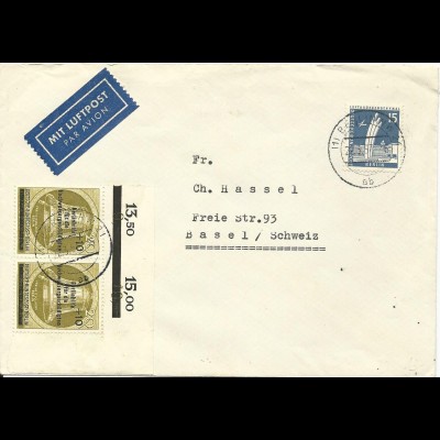 Berlin 1957, Eckrand Paar 20+10 Pf. Hochwassergesch.+ 15 Pf. auf Luftpost Brief