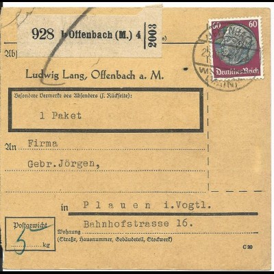 DR 1941, EF 60 Pf. auf Paketkarte v. Offenbach n. Plauen.