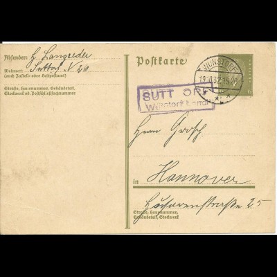 DR 1932, Landpost Stpl. Sutt Orf Wunstorf Land auf 6 Pf. Ganzsache