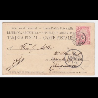 Argentinien 1889, 6 C. Ganzsache Karte "pr. vapor Portugal" n. Dänemark! #2393