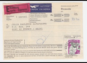 Schweiz 1974, 10 C. auf Recepisse f. Luftpost Eilboten Paket v. Lugano n. Haiti