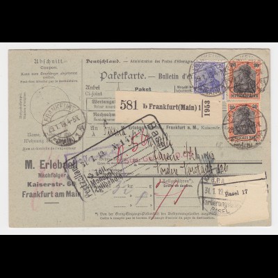 DR 1919, 20+2x30 Pf. Germania auf Auslands Paketkarte v. Frankfurt i.d. Schweiz
