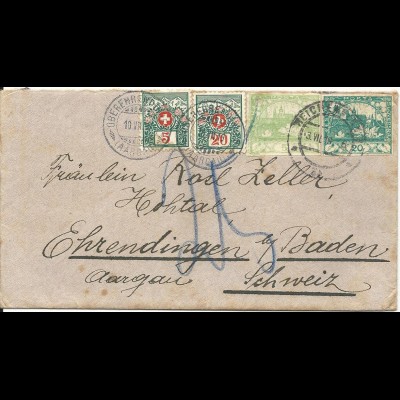 Tschechoslowakei 1919, 2+20 h. auf Brief v. Reichenberg m. Schweiz Porto Marken 