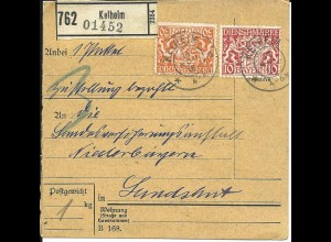 Bayern 1916, 10+30 Pf. Dienst auf Paketkarte v. Kelheim