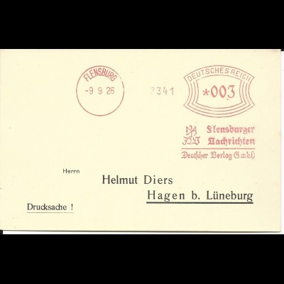 DR 1927, Maschinen Freistempel Flensburg Nachrichten auf Blanco Karte