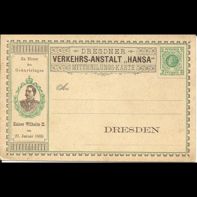 DR Private Stadtpost Dresden 1889, ungebr. 2 Pf. Hansa Sonderkarte