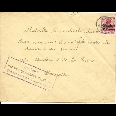 Belgien 1915, 10 C. auf Brief m. Zensur u. VERZÖGERT... Stempel