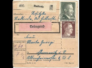 DR 1940, 1 Mk.+60 Pf. auf "Dringend" Paketkarte v. Stadtroda