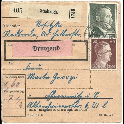 DR 1940, 1 Mk.+60 Pf. auf "Dringend" Paketkarte v. Stadtroda