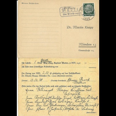 DR 1938, Nabern über Plochingen, Bestell Karte m. Landpost St.II Stpl. 