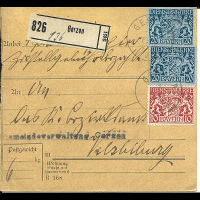 Bayern 1918, 2x20+10 Pf. Dienst auf Paketkarte v. GERZEN
