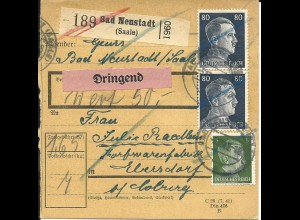 DR 1942, Paar 80+5 Pf. auf DRINGEND Wert-Paketkarte v. Bad Neustadt Saale.