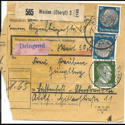 DR 1942, 2x80+5 Pf. auf DRINGEND Wert-Paketkarte v. WEIDEN.