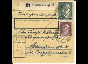 DR 1942, 1 Mk.+15 Pf. auf Paketkarte v. Vilshofen.