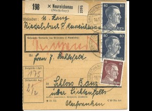 DR 1942, Paar 80+15 Pf. auf Dringend Paketkarte v. NEUREICHENAU.