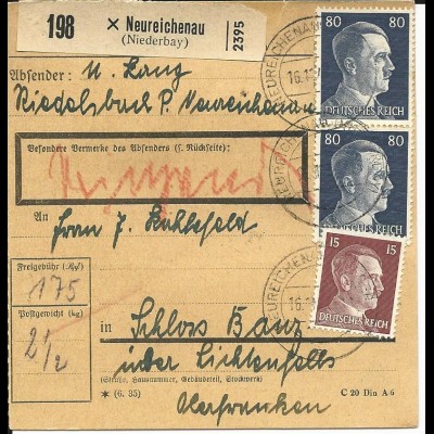 DR 1942, Paar 80+15 Pf. auf Dringend Paketkarte v. NEUREICHENAU.