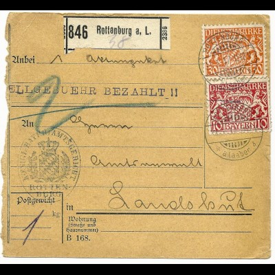 Bayern 1917, 10+30 Pf Dienst auf Paketkarte v. ROTTENBURG a.L.