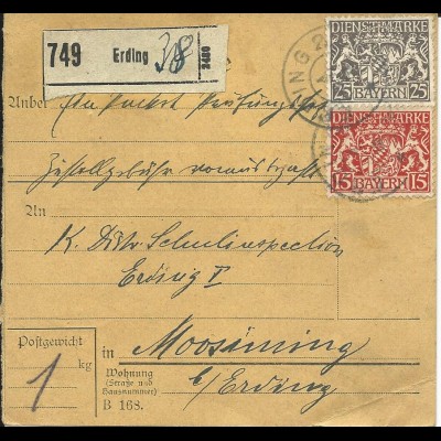 Bayern 1918, 15+25 Pf. Dienst auf Paketkarte v. Erding n. Moosinning.