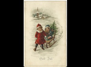 Weihnachten, Dänemark God Jul Farb AK m. Kindern, Schlitten u. Christbaum